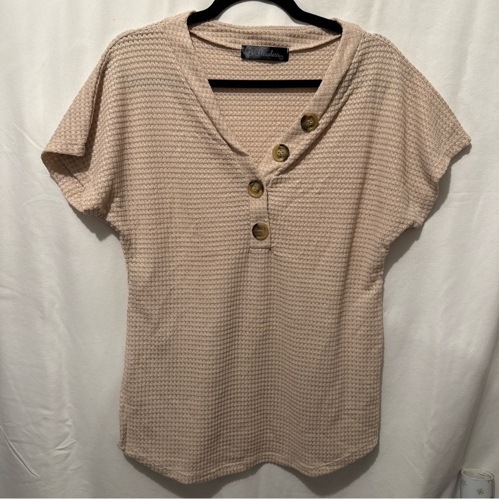 Elegant Beige Short Sleeve Top with Button Detail